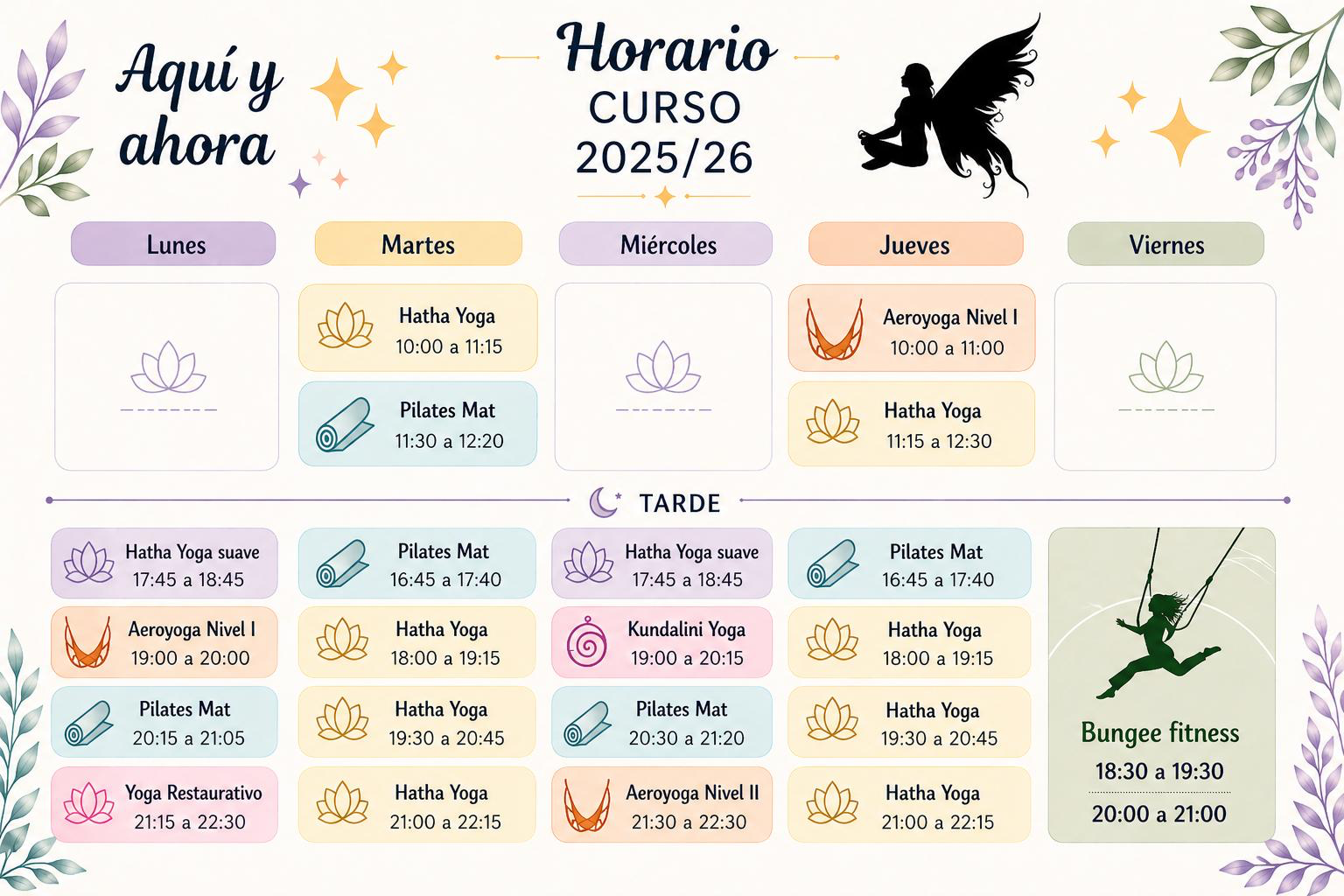 Horario de clases de yoga, pilates, aeroyoga y bungee en Yoga Aquí Ahora Leganés