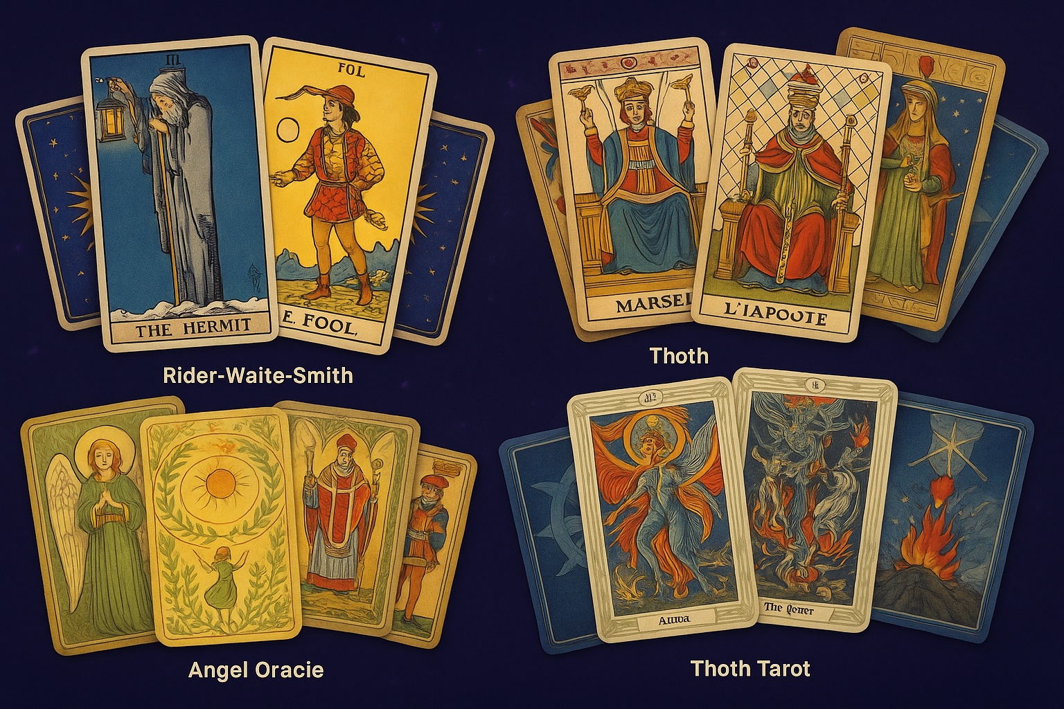 Collection of tarot decks arranged in a mystical setting