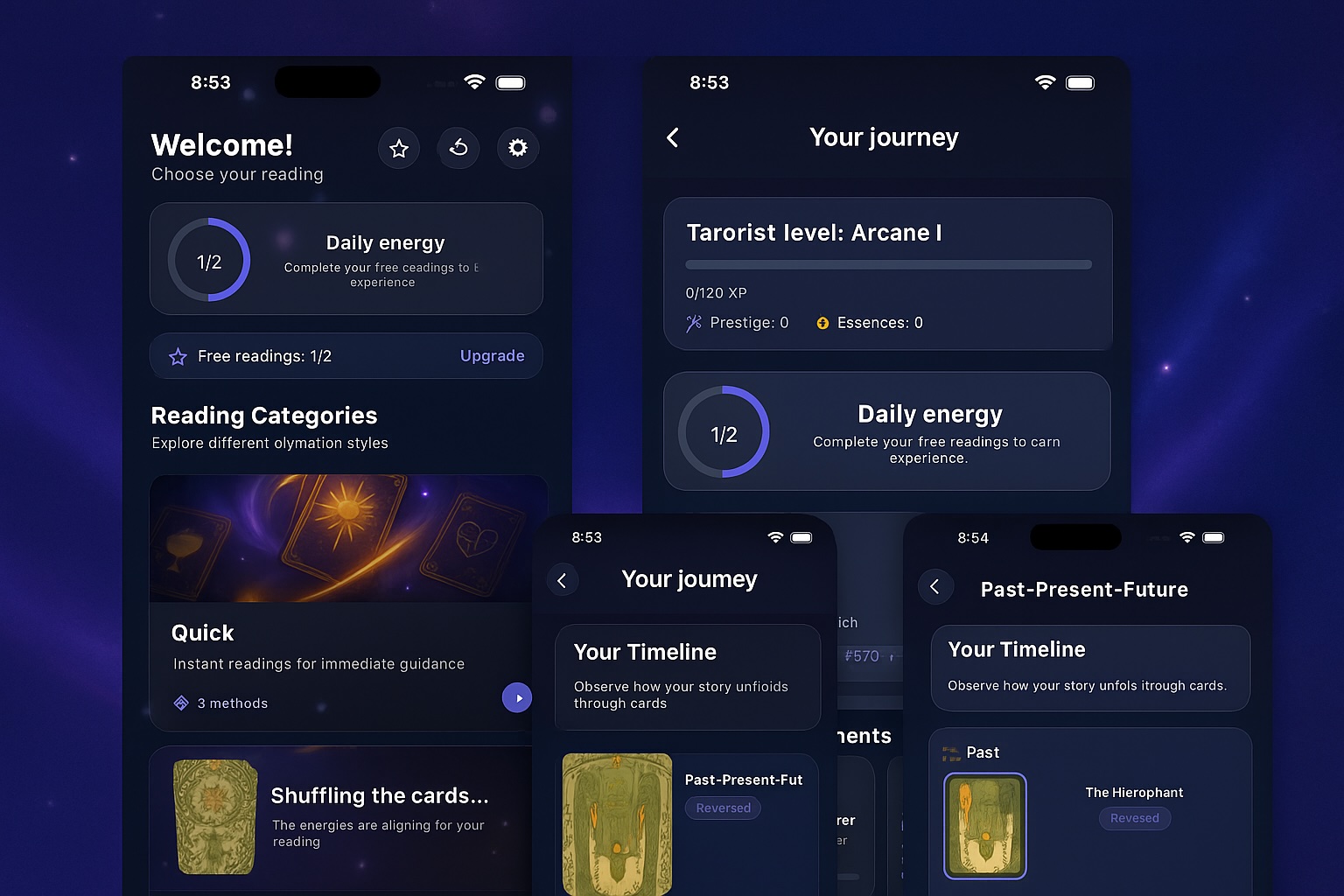 Two friends exploring the tarot experience inside the Arcananow app