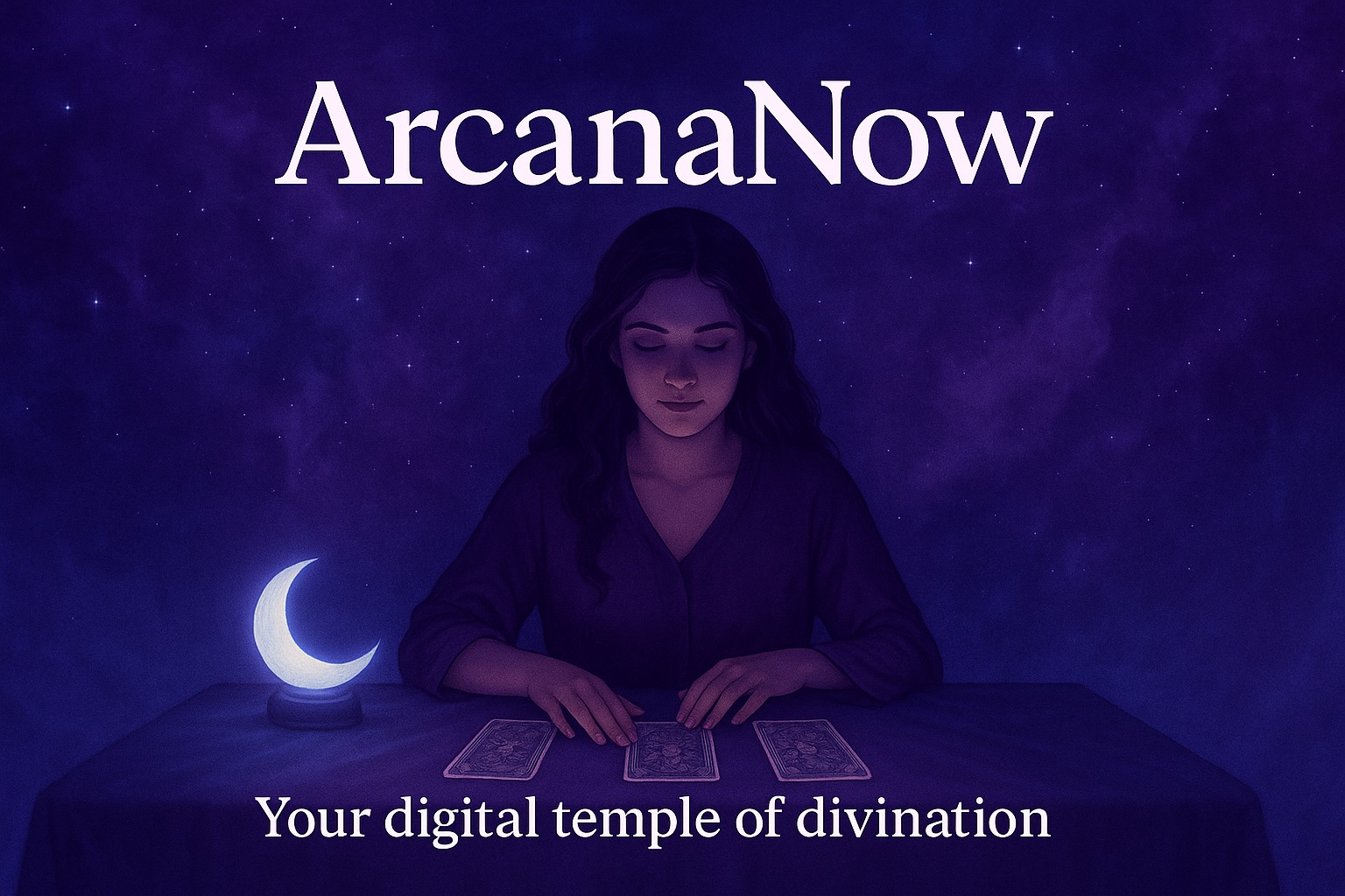 Illustration of a mystic tarot reader surrounded by luminous cards